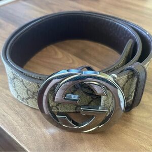 Gucci Beige and Brown Belt with Silver Buckle